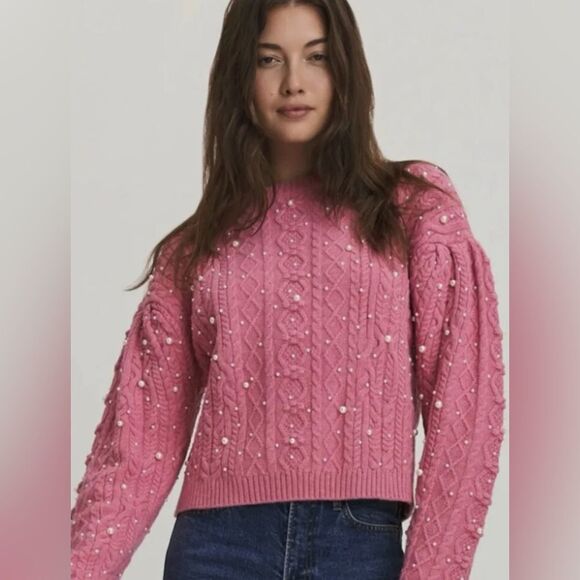 Something Navy Shelby Wool Blend Chunky Cable Knit Pearl Pink Sweater Large - Picture 2 of 8